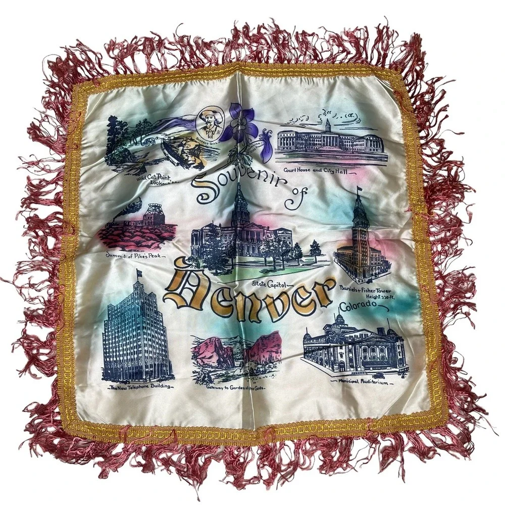 Vintage‎ Souvenir of Denver Satin &Fringe Pillowcase Square 17